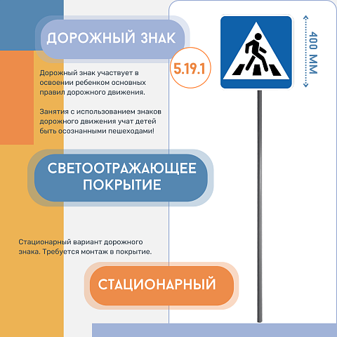 Знак дорожный "Пешеходный переход" 5.19.1 на столбе стационарный светоотражающий