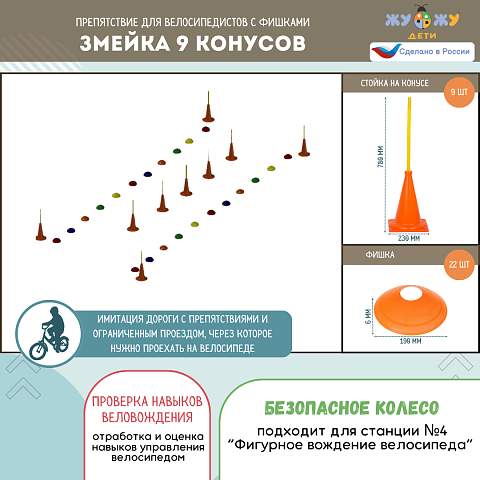 Препятствие для велосипедистов "Змейка 9 конусов", набор фишек