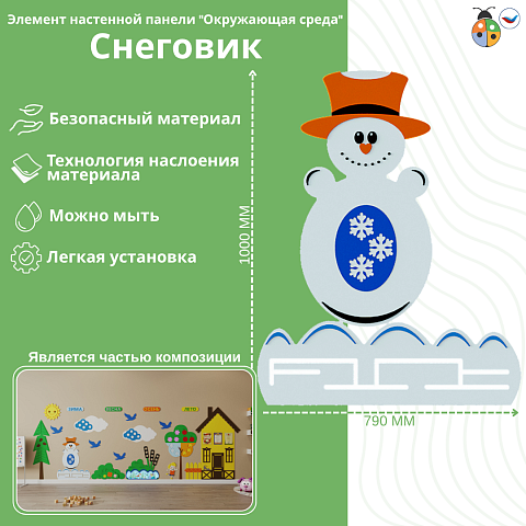 Элемент настенной панели "Снеговик на снегу", мягкий полимер