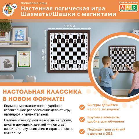Настенная логическая игра Шахматы/Шашки с магнитами, мягкий полимер