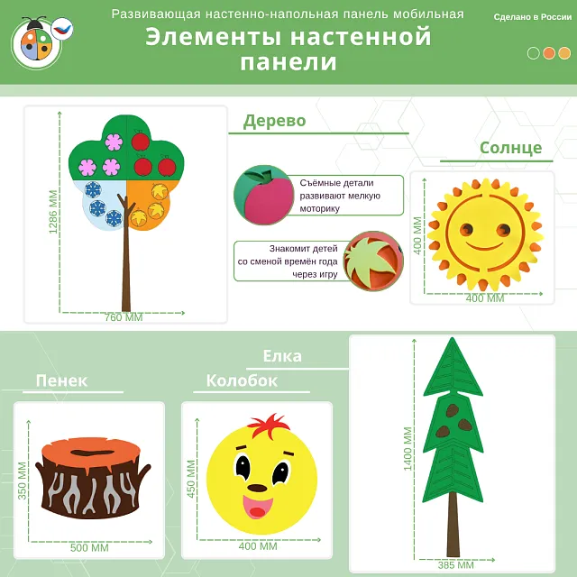 Развивающая настенно-напольная панель мобильная "Серия сказки: Колобок", комплект с ковриком